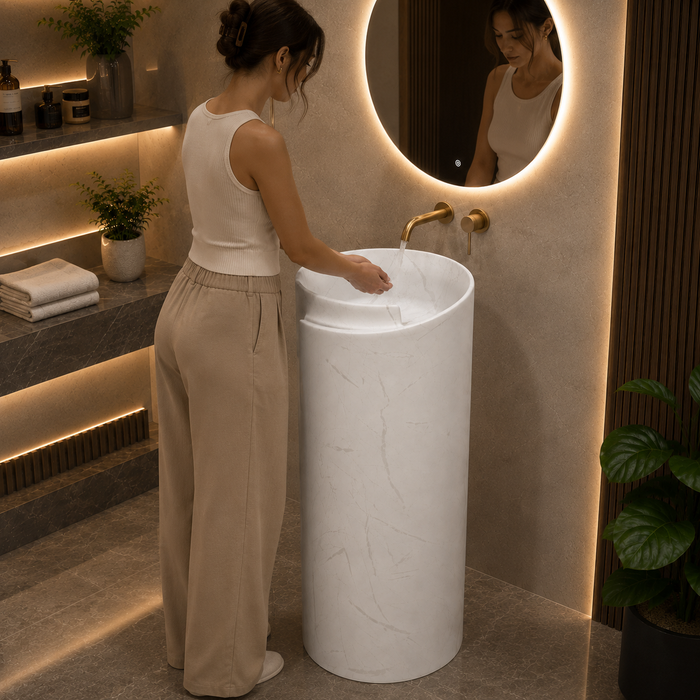Round freestanding pedestal wash basin 15.7 x 15.7 x 33.5 inch in white marble pattern with cylindrical floor standing design for modern luxury bathroom