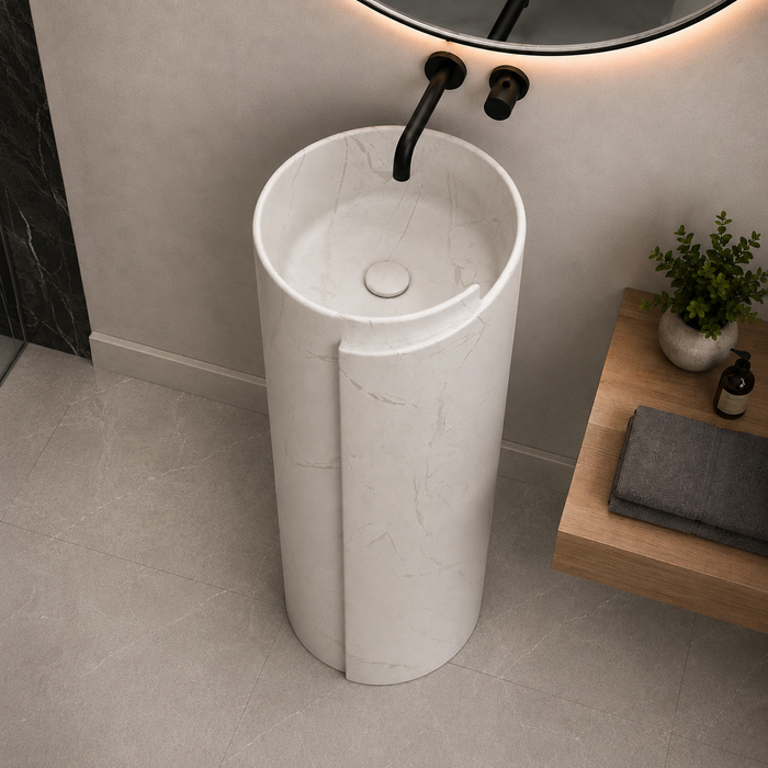 Round freestanding pedestal wash basin 15.7 x 15.7 x 33.5 inch in white marble pattern with cylindrical floor standing design for modern luxury bathroom