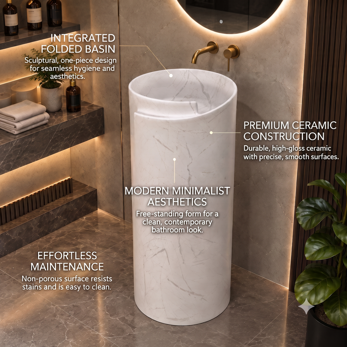 Round freestanding pedestal wash basin 15.7 x 15.7 x 33.5 inch in white marble pattern with cylindrical floor standing design for modern luxury bathroom