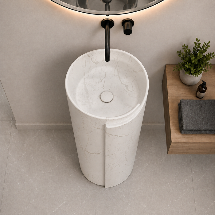Round freestanding pedestal wash basin 15.7 x 15.7 x 33.5 inch in white marble pattern with cylindrical floor standing design for modern luxury bathroom