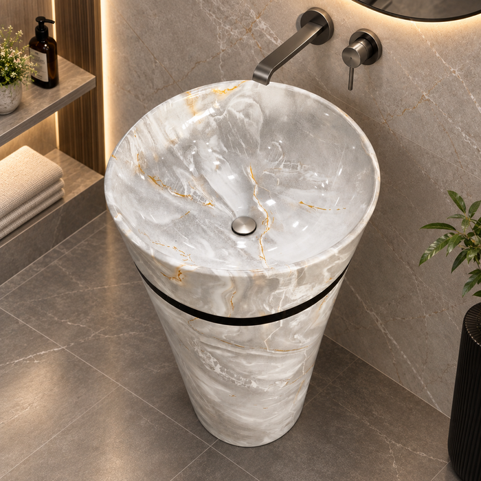 Round freestanding pedestal wash basin 17.3 x 17.3 x 32.7 inch grey and white marble pattern with gold accent band for modern luxury bathroom interiors