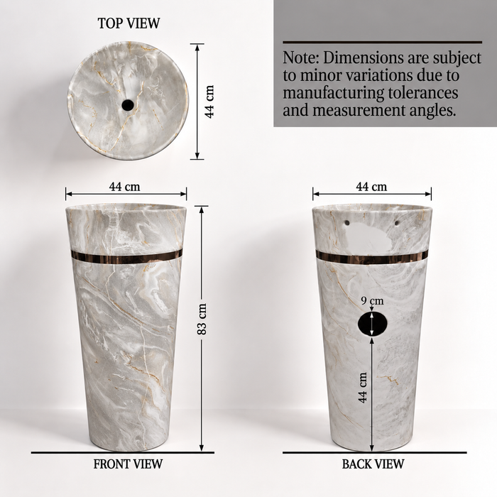 Round freestanding pedestal wash basin 17.3 x 17.3 x 32.7 inch grey and white marble pattern with gold accent band for modern luxury bathroom interiors
