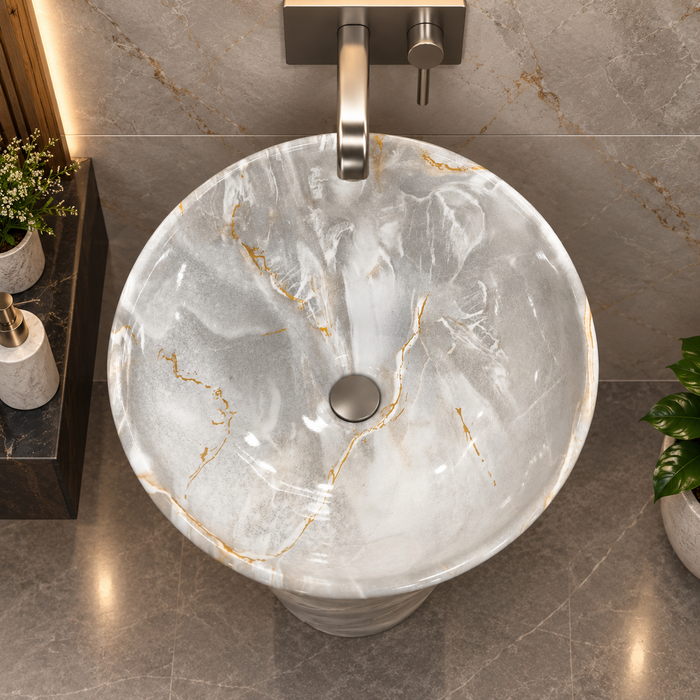 Round freestanding pedestal wash basin 17.3 x 17.3 x 32.7 inch grey and white marble pattern with gold accent band for modern luxury bathroom interiors