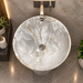 Round freestanding pedestal wash basin 17.3 x 17.3 x 32.7 inch grey and white marble pattern with gold accent band for modern luxury bathroom interiors