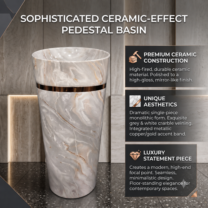 Round freestanding pedestal wash basin 17.3 x 17.3 x 32.7 inch grey and white marble pattern with gold accent band for modern luxury bathroom interiors