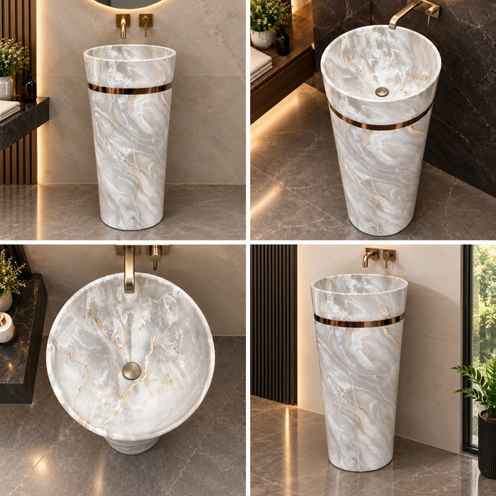 Round freestanding pedestal wash basin 17.3 x 17.3 x 32.7 inch grey and white marble pattern with gold accent band for modern luxury bathroom interiors7