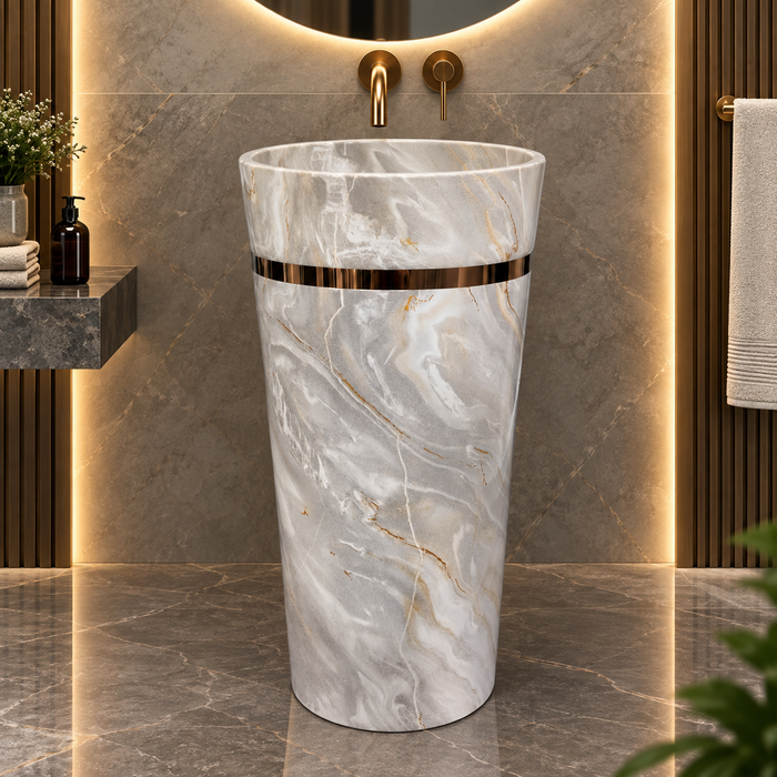 Round freestanding pedestal wash basin 17.3 x 17.3 x 32.7 inch grey and white marble pattern with gold accent band for modern luxury bathroom interiors