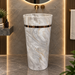 Round freestanding pedestal wash basin 17.3 x 17.3 x 32.7 inch grey and white marble pattern with gold accent band for modern luxury bathroom interiors