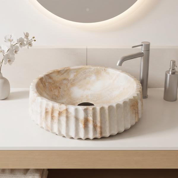 Luxury Marble Finish Round Table Top Wash Basin – Fluted Design | 370 × 370 × 135 mm