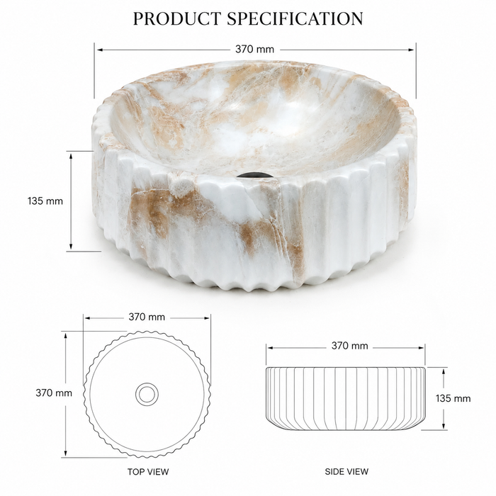 Round white and beige marble-finish table top wash basin with fluted exterior design and 370 × 370 × 135 mm size.