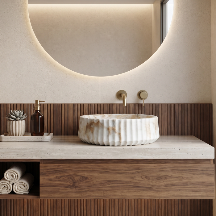 Round white and beige marble-finish table top wash basin with fluted exterior design and 370 × 370 × 135 mm size.