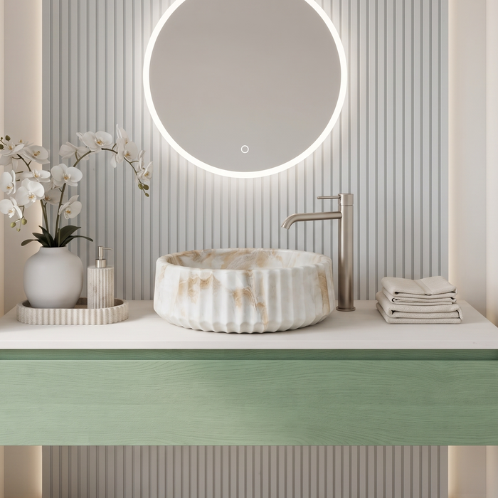 Round white and beige marble-finish table top wash basin with fluted exterior design and 370 × 370 × 135 mm size.
