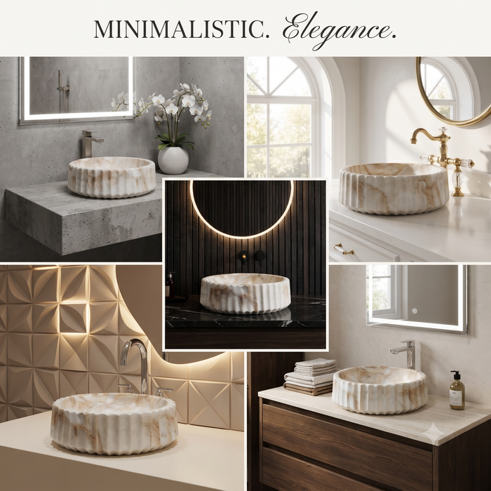 Round white and beige marble-finish table top wash basin with fluted exterior design and 370 × 370 × 135 mm size.
