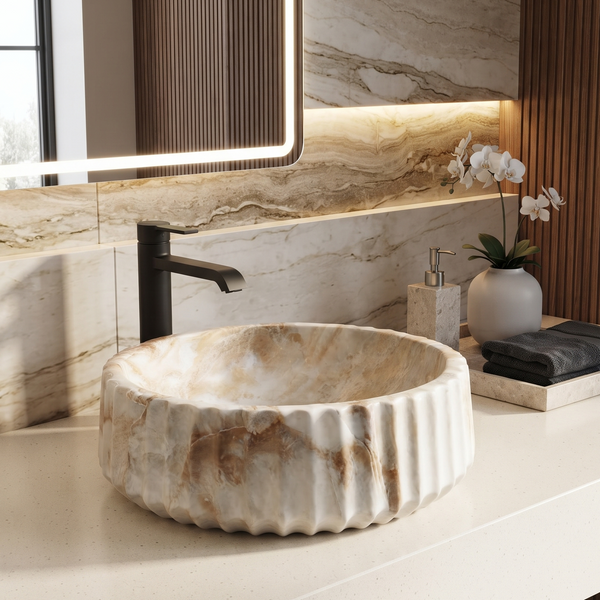 Luxury Marble Finish Round Table Top Wash Basin – Fluted Design | 370 × 370 × 135 mm