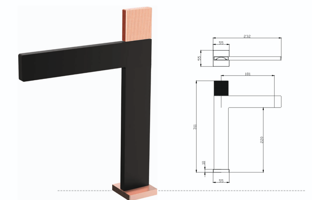 Premium Brass Tall Basin Mixer Faucet, Black Body with Rose Gold Handle (Hot & Cold) NCGF-514 – 5 Years Warranty