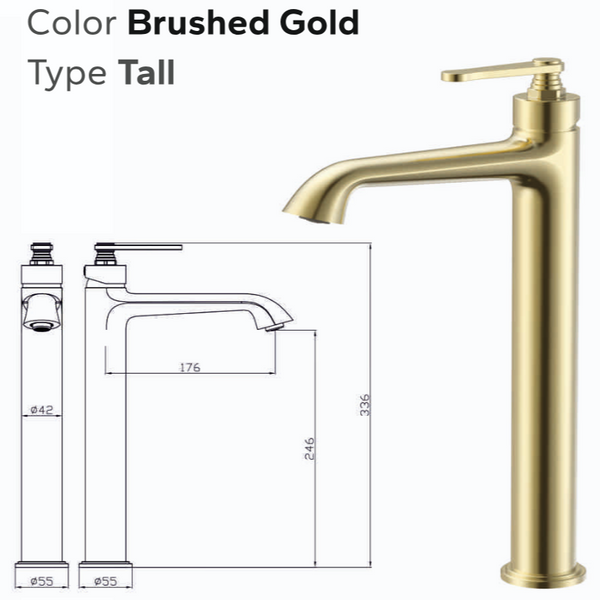 BASSINO Luxury Tall Basin Mixer Tap Modern Faucet | 5 Years Warranty Brushed Gold