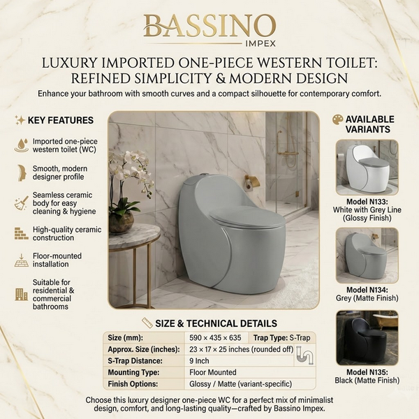 Luxury Imported One-Piece Western Toilet | Designer Floor Mounted WC | Approx. 23 × 17 × 25 Inches Grey