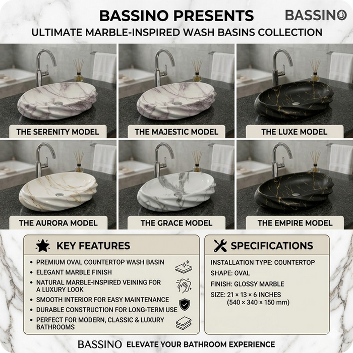 Glossy Marble Oval Countertop Wash Basin – (21" × 13" × 6" IN)