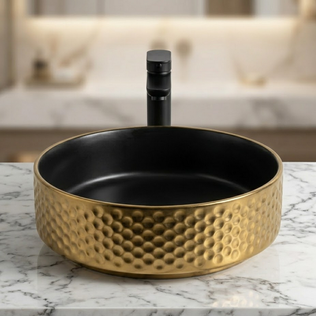 BASSINO Designer Table Top Basin – Luxury Round Countertop Wash Basin | Dual Finish Variants Gold (Size: 15″ × 15″ × 5″)
