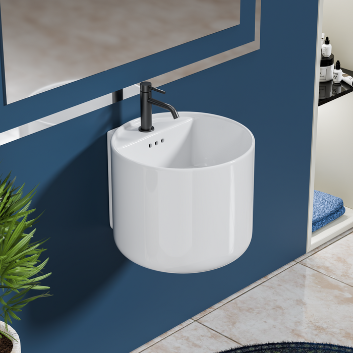Bassino Rolex Wall Hung Wash Basin – Glossy Finish | Integrated Round Designer Basin 450×450×380 mm
