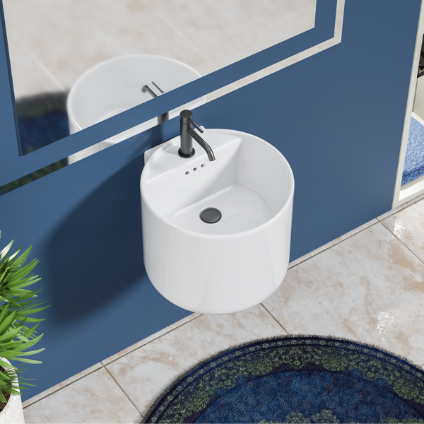 Bassino Rolex Wall Hung Wash Basin – Glossy Finish | Integrated Round Designer Basin 450×450×380 mm