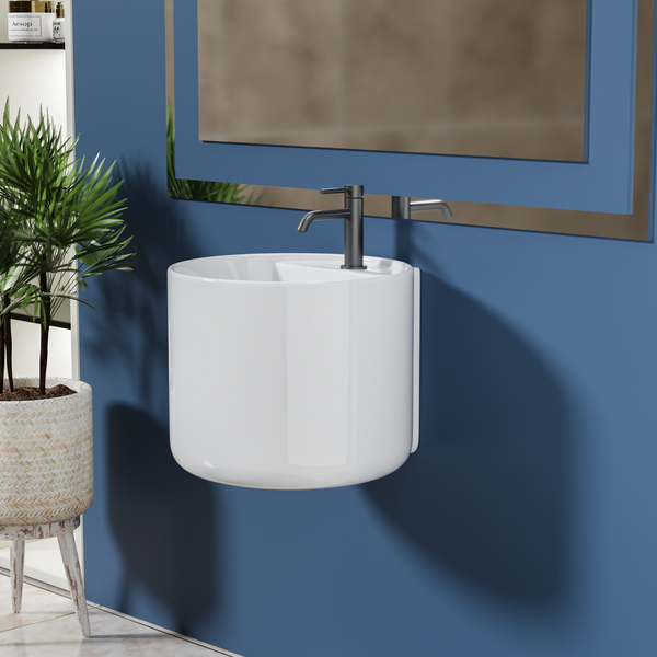 Bassino Rolex Wall Hung Wash Basin – Glossy Finish | Integrated Round Designer Basin 450×450×380 mm