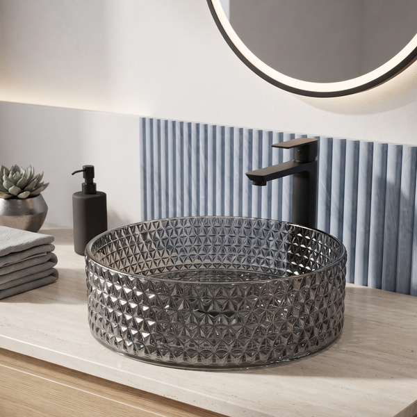 Bassino Modern Transparent Glass Wash Basin | Stylish Countertop Wash Basin for Bathroom–360x360x120 mm Black