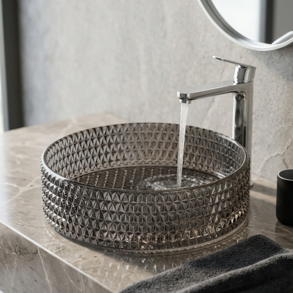 Bassino Modern Transparent Glass Wash Basin | Stylish Countertop Wash Basin for Bathroom–360x360x120 mm Black