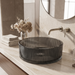 Smoky grey round glass table top wash basin with vertical ribbed design, 400 × 400 × 120 mm, for modern luxury bathrooms.