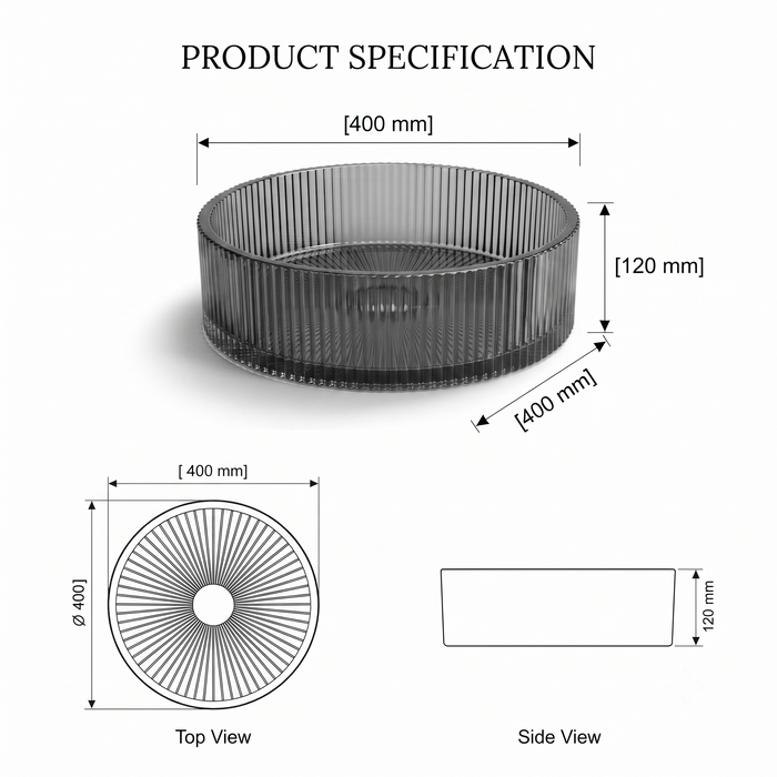 Smoky grey round glass table top wash basin with vertical ribbed design, 400 × 400 × 120 mm, for modern luxury bathrooms.
