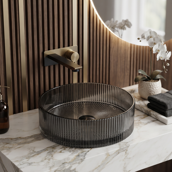 Bassino Modern Transparent Glass Wash Basin | Stylish Countertop Wash Basin for Bathroom–15.8"x15.8"x6.4" Black
