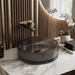 Smoky grey round glass table top wash basin with vertical ribbed design, 400 × 400 × 120 mm, for modern luxury bathrooms.