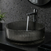 Smoky grey round glass table top wash basin with vertical ribbed design, 400 × 400 × 120 mm, for modern luxury bathrooms.