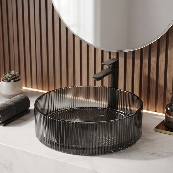 Bassino Modern Transparent Glass Wash Basin | Stylish Countertop Wash Basin for Bathroom–15.8"x15.8"x6.4" Black