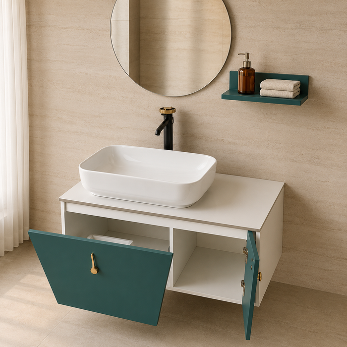 Teal and white wall-mounted bathroom vanity set with a rectangular vessel basin, round mirror, matching shelf and gold cabinet handles.