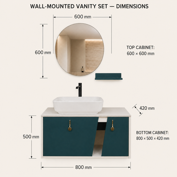 Modern Teal & White Wall-Mounted Bathroom Vanity Set with Basin, Mirror and Shelf