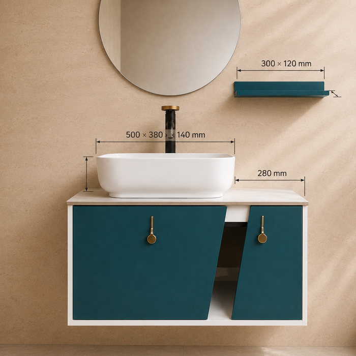 Teal and white wall-mounted bathroom vanity set with a rectangular vessel basin, round mirror, matching shelf and gold cabinet handles.