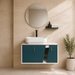 Teal and white wall-mounted bathroom vanity set with a rectangular vessel basin, round mirror, matching shelf and gold cabinet handles.