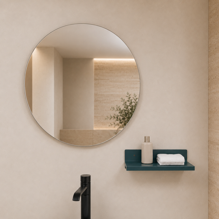 Teal and white wall-mounted bathroom vanity set with a rectangular vessel basin, round mirror, matching shelf and gold cabinet handles.