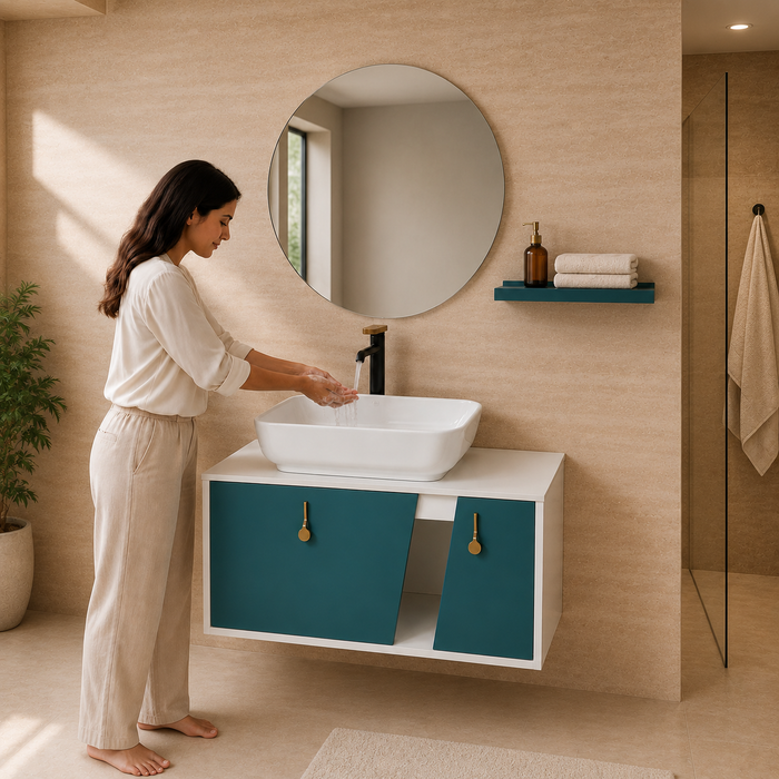 Teal and white wall-mounted bathroom vanity set with a rectangular vessel basin, round mirror, matching shelf and gold cabinet handles.