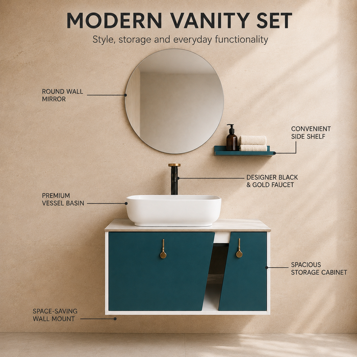Teal and white wall-mounted bathroom vanity set with a rectangular vessel basin, round mirror, matching shelf and gold cabinet handles.