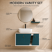 Teal and white wall-mounted bathroom vanity set with a rectangular vessel basin, round mirror, matching shelf and gold cabinet handles.