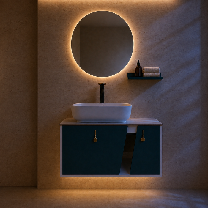 Teal and white wall-mounted bathroom vanity set with a rectangular vessel basin, round mirror, matching shelf and gold cabinet handles.