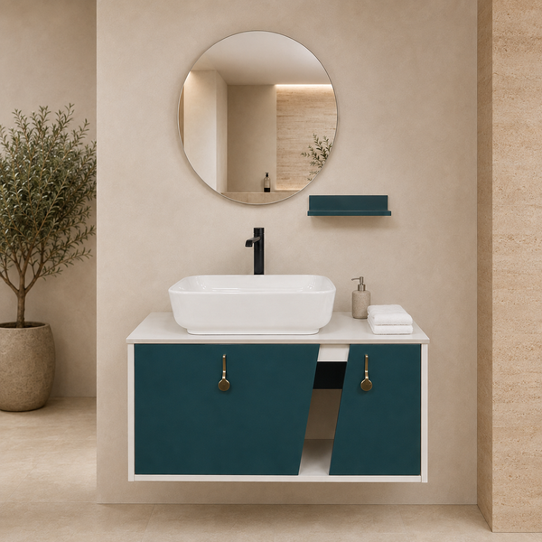 Modern Teal & White Wall-Mounted Bathroom Vanity Set with Basin, Mirror and Shelf