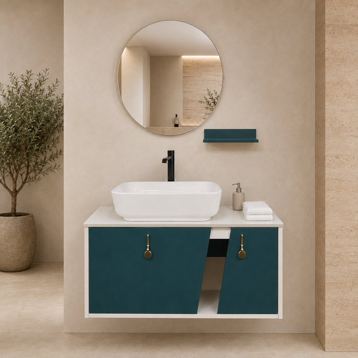 Teal and white wall-mounted bathroom vanity set with a rectangular vessel basin, round mirror, matching shelf and gold cabinet handles.