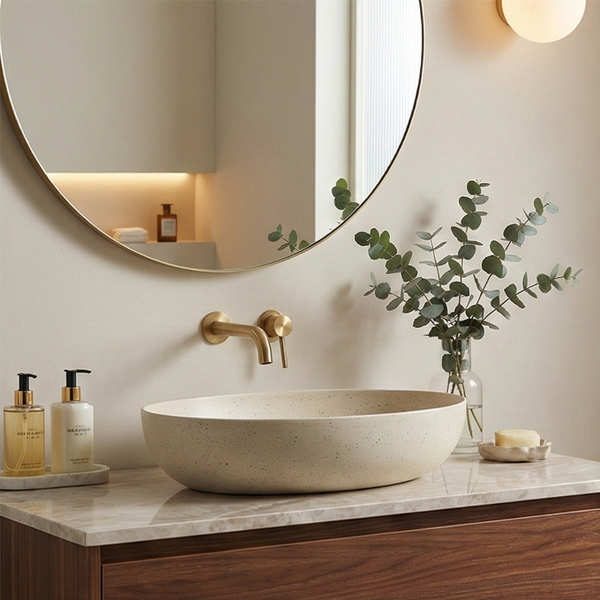 Terrazzo Matt Beige Countertop Wash Basin | Modern Designer Bathroom Sink IN (21″ × 16″ × 6″ IN)