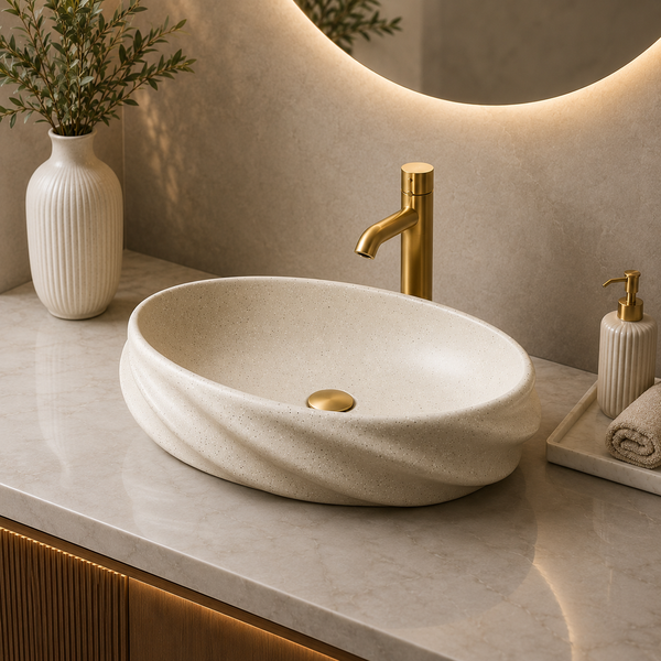 Terrazzo Matt Oval Countertop contemporary Wash Basin (21″ × 13″ × 6″ IN) Beige