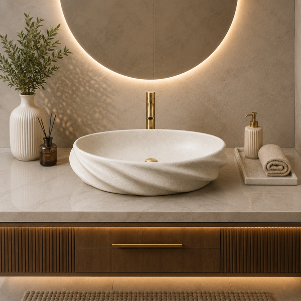 Terrazzo Matt Oval Countertop contemporary Wash Basin (21″ × 13″ × 6″ IN) Beige