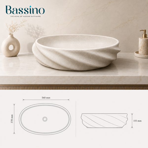 Terrazzo Matt Oval Countertop contemporary Wash Basin (21″ × 13″ × 6″ IN) Beige