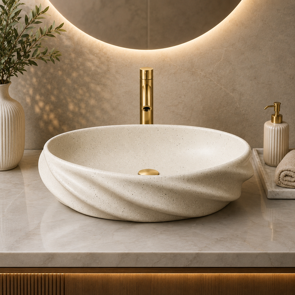 Terrazzo Matt Oval Countertop contemporary Wash Basin (21″ × 13″ × 6″ IN) Beige